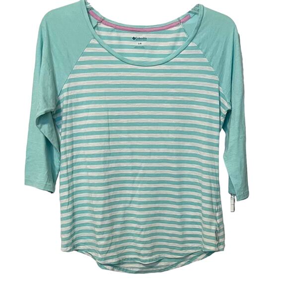 COLUMBIA 3/4 SLEEVE, PULL-OVER TOP, WOMENS, L, LIGHT GREEN & WHITE STRIPES - Picture 1 of 11